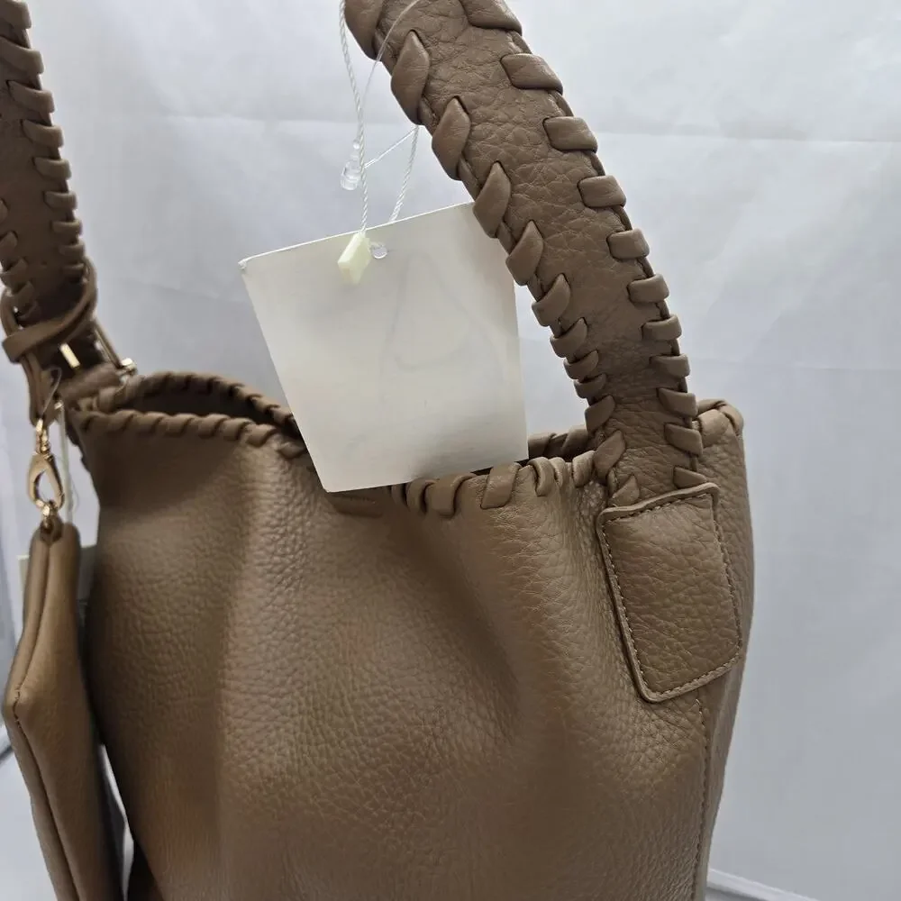Isabelle Vegan Pebble Leather Brown Hobo Bag Braided Shoulder Strap NWT Wristlet